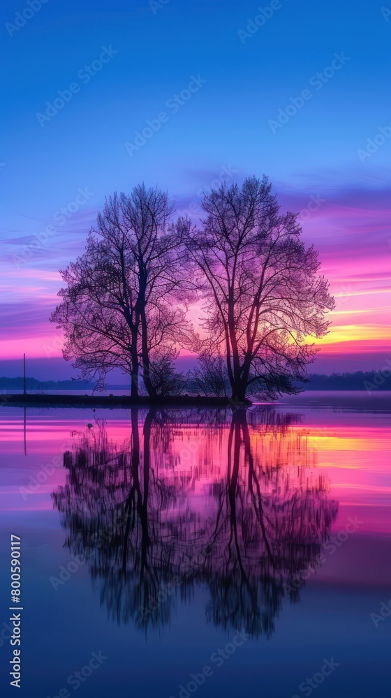 Dual trees stand mirrored in the still lake waters as a vivid sunrise paints the morning sky Dual trees stand mirrored in the still lake waters as a vivid sunrise paints the morning sky