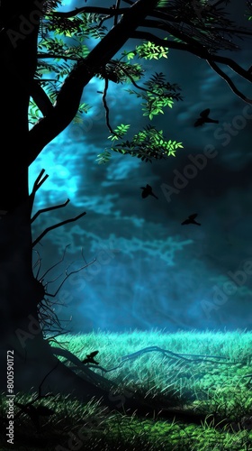 Amidst the dense forest, this image depicts a moonlight-drenched clearing with birds soaring above