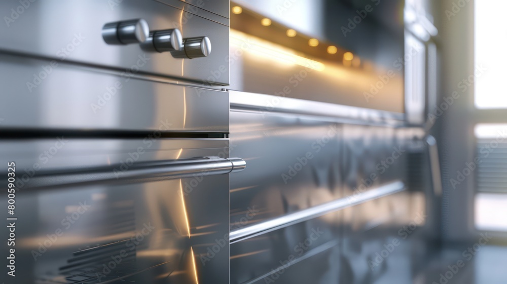 This detailed image showcases the control dials of an oven and the stainless steel finish, highlighting the elegance and modern design of kitchen appliances