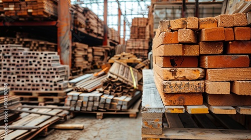 Construction Materials Warehouse  Ideal for companies in construction material production and sales. Background shows stacks of bricks  concrete blocks  and timber  Generative AI.