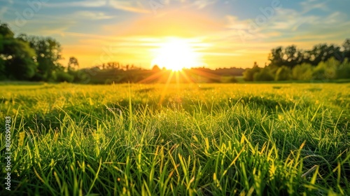 Beautiful fresh natural green grass field in sunrise scene. Generated AI image
