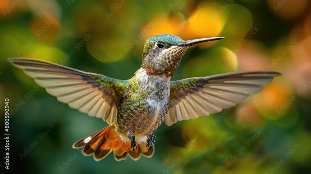 Fototapeta premium A majestic hummingbird with iridescent throat patch extends its wings against a blurred background, captured in mid-flight