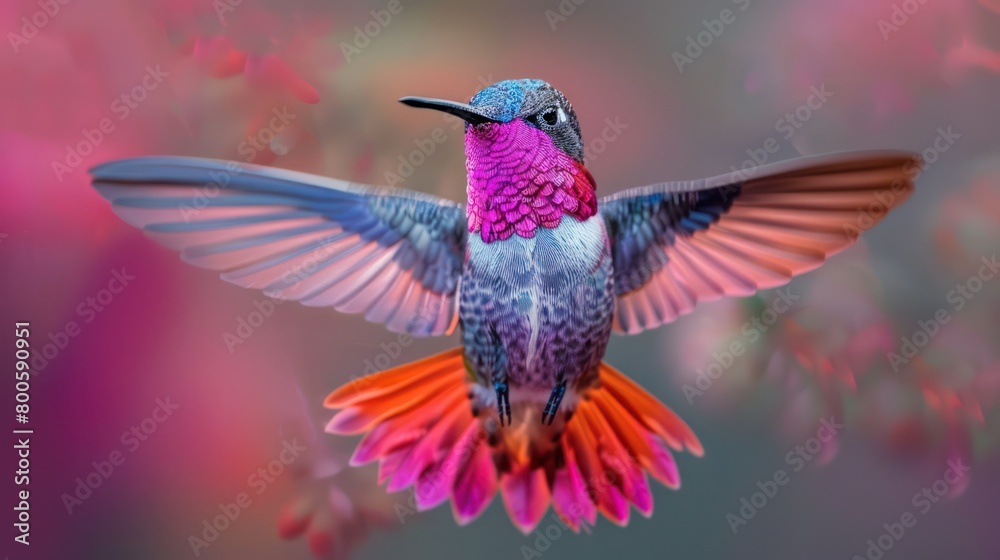 Obraz premium A stunning image of a hummingbird in flight, its vibrant feathers contrast beautifully against the pink blurred flowers