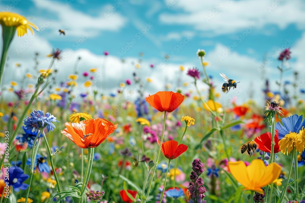Naklejka premium Flower Fields with Bees, Suitable for companies specializing in agriculture and insect conservation. The background can depict colorful fields with busy bees. Generative AI.