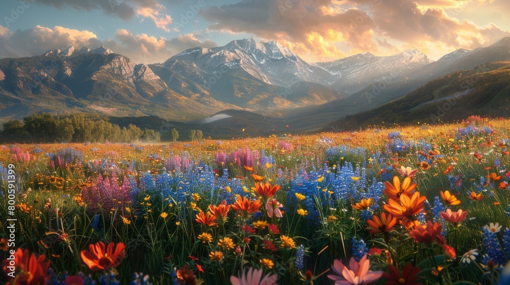 As the sun rises on a crisp autumn morning, meadow flowers bloom in a kaleidoscope of colors, transforming the landscape into a magical wonderland straight out of a vintage painting.