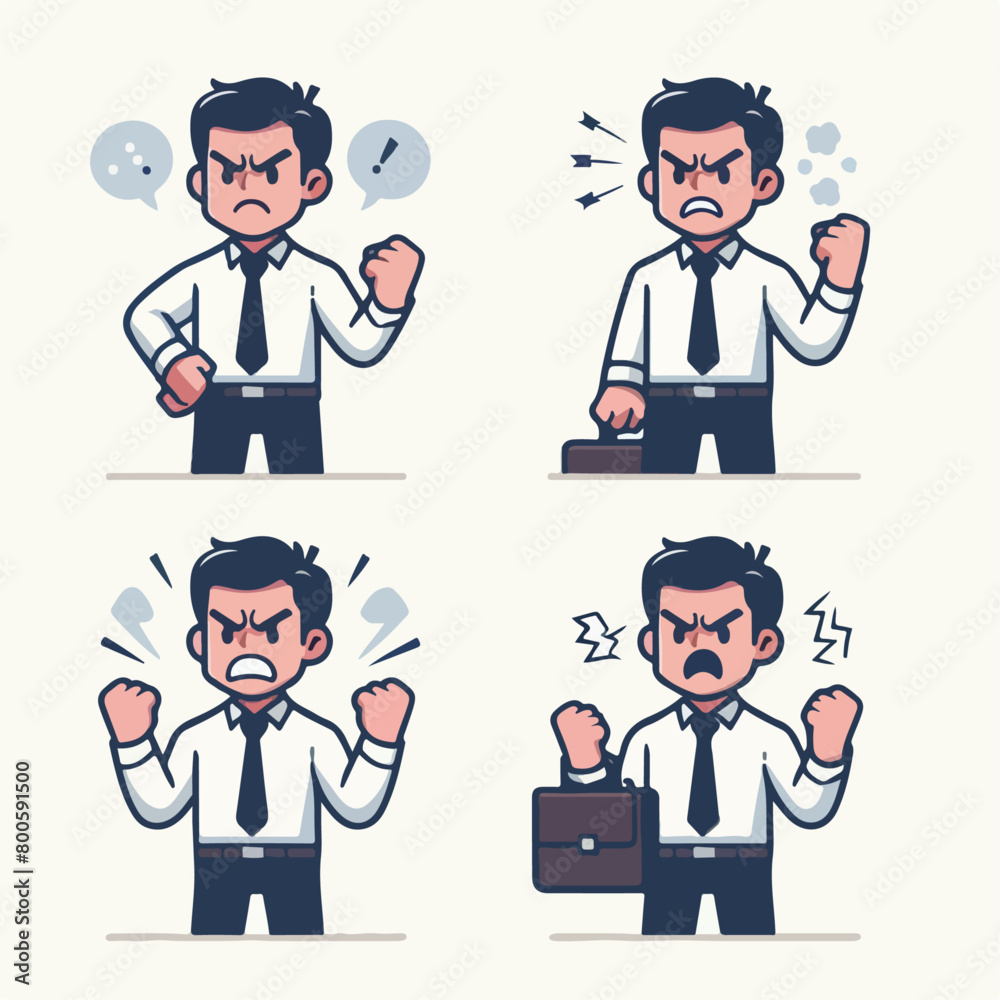 Vector set of angry businessman with simple flat design style