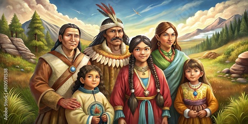 Illustration of a proud American Native Indian family in traditional dress © Mr.Sheesh