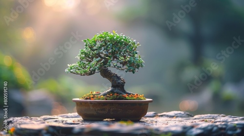 Bonsai tree elegantly contained in a pot, symbolizing harmony and tranquility.
