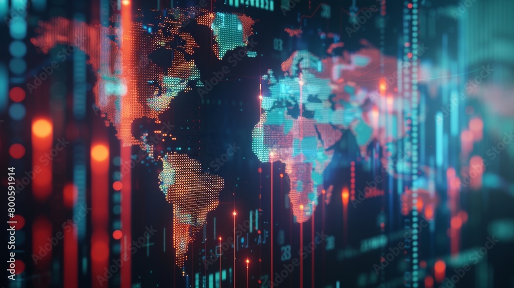 Double exposure of stock market graph and world map on digital screen.