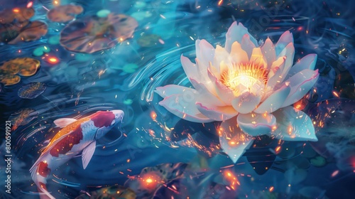 A luminescent lotus flower glowing softly amidst koi fish in a tranquil pond under evening light, evoking a sense of peace