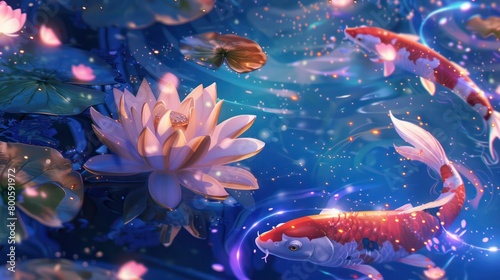 Vibrant koi fish swirling energetically around a bright lotus in a dynamic and colorful pond atmosphere