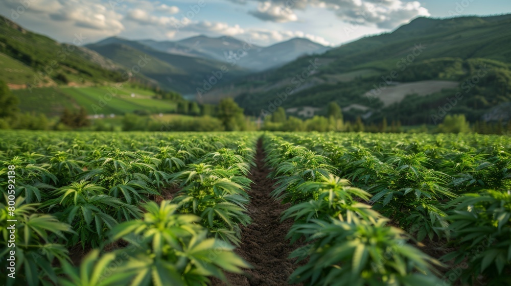 Cannabis or marijuana plantation thriving outdoors amidst mountainous terrain. Wide-angle view captures the scenic beauty of the cultivation site. Cannabis or marijuana plantation thriving outdoors amidst mountainous terrain. Wide-angle view captures the scenic beauty of the cultivation site.