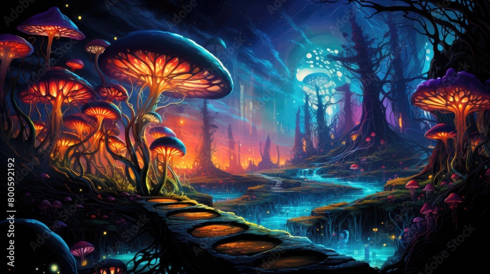 An image psychedelic journey through a mystical forest, filled with vibrant colors, glowing mushrooms, and ethereal creatures