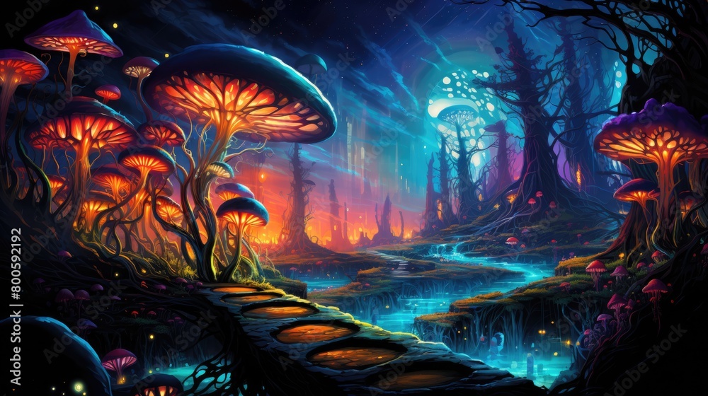 Fototapeta premium An image psychedelic journey through a mystical forest, filled with vibrant colors, glowing mushrooms, and ethereal creatures