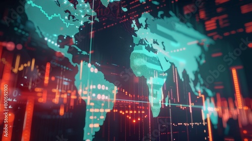 Double exposure of stock market graph and world map on digital screen.