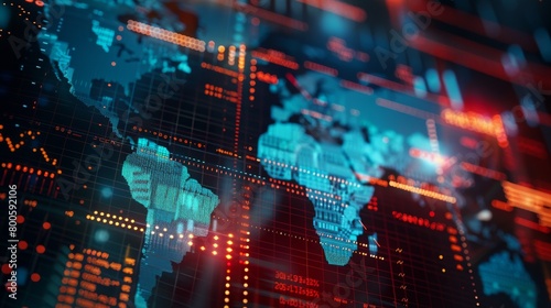 Double exposure of stock market graph and world map on digital screen.