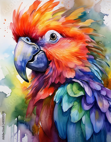 Portret kolorowej papugi, akwarela. Generative AI © mycatherina