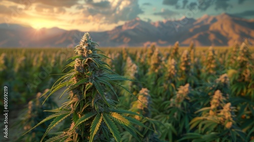 Cannabis or marijuana plantation thriving outdoors amidst mountainous terrain. Wide-angle view captures the scenic beauty of the cultivation site. 