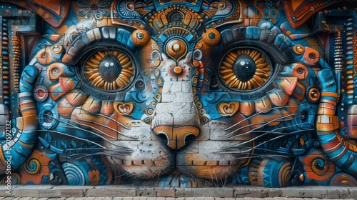 A large cat face painted on a building with colorful eyes, AI photo