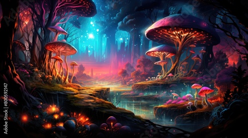 A photo psychedelic journey through a mystical forest, filled with vibrant colors, glowing mushrooms, and ethereal creatures