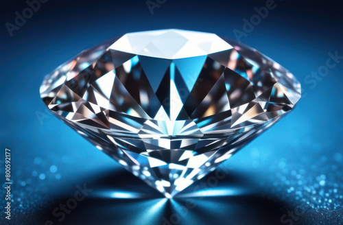 A diamond  a diamond that has been processed into a faceted shape  sparkles against a blue background