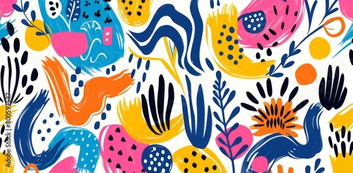 Colorful, seamless pattern of hand drawn doodles and curved lines on a white background 