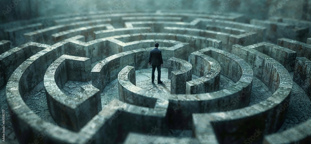 Businessman in Maze Facing Tough Challenges and Choices Businessman in Maze Facing Tough Challenges and Choices