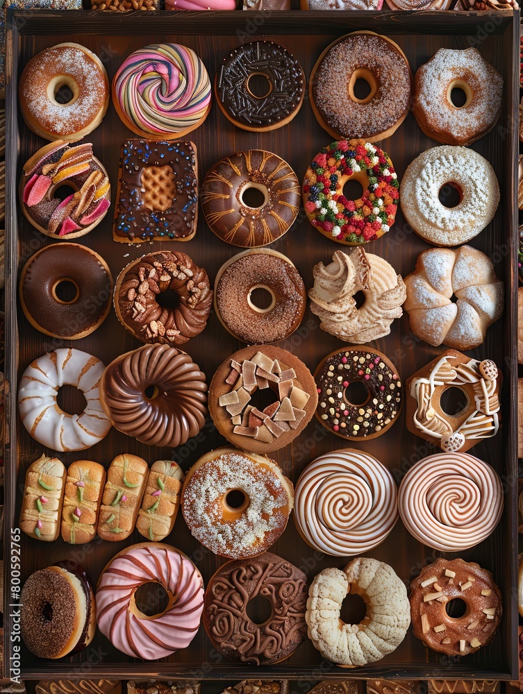 Tray of Treats, Suitable for cafes, restaurants, and bakeries. The background can depict a decorated tray with pastries, donuts, and cookies. Generative AI. Tray of Treats, Suitable for cafes, restaurants, and bakeries. The background can depict a decorated tray with pastries, donuts, and cookies. Generative AI.