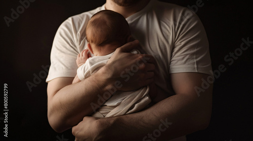 close up of father holding up his baby child photo