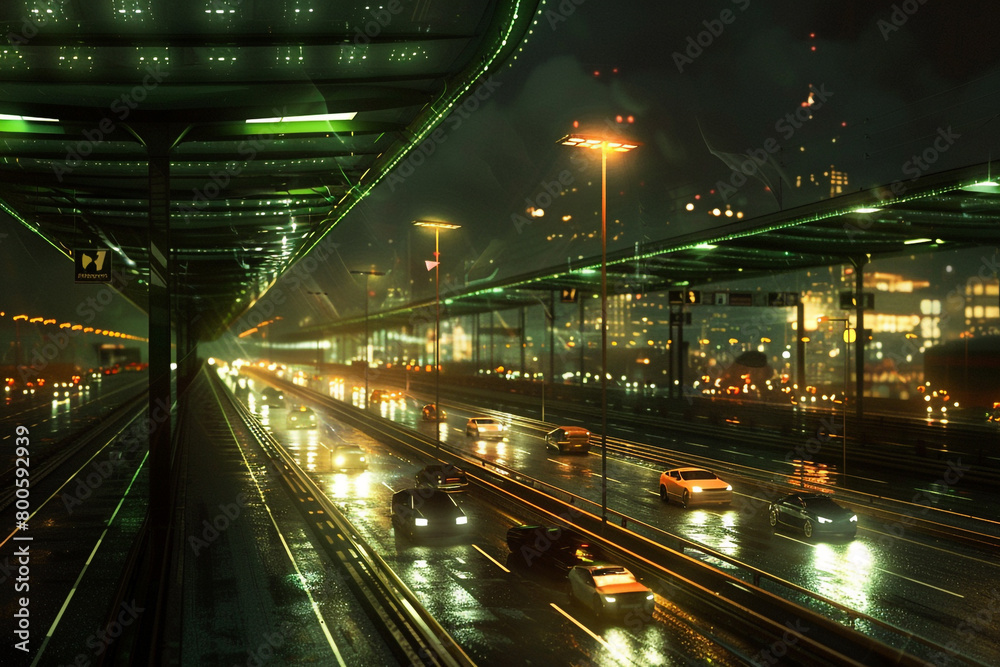 A visionary concept of a highway lit by street lamps powered by kinetic energy from the vehicles 