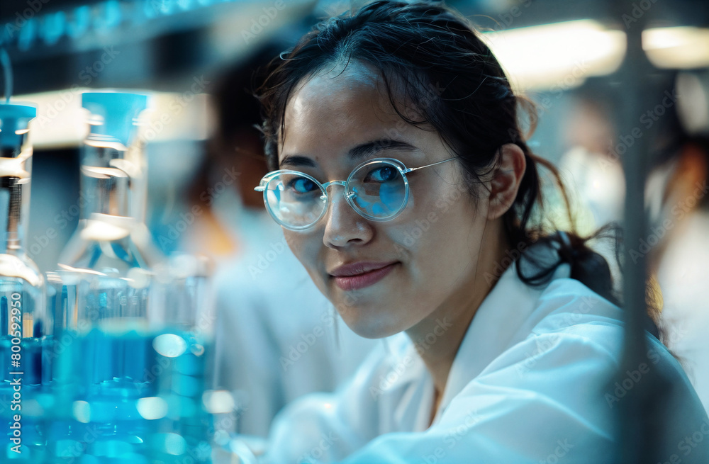 Female Scientist Working in Lab with Blue Chemicals