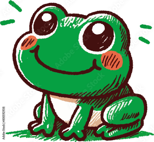 child's drawing of cute cartoon frog with colored pencils
