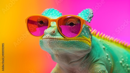 vibrant chameleon flaunts rainbow hued mirrored sunglasses against a lively pink background. © hamad