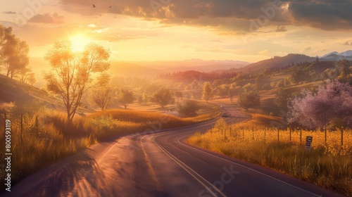 A warm, golden sunset casts light on a winding country road with lush trees and blossoming flowers