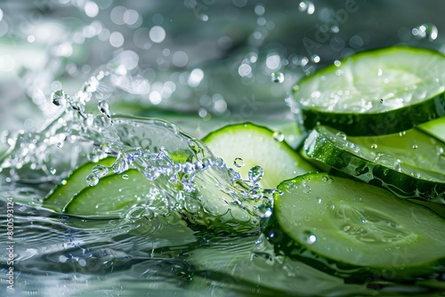 refreshing cucumber slices submerged in crisp splashing water food photography