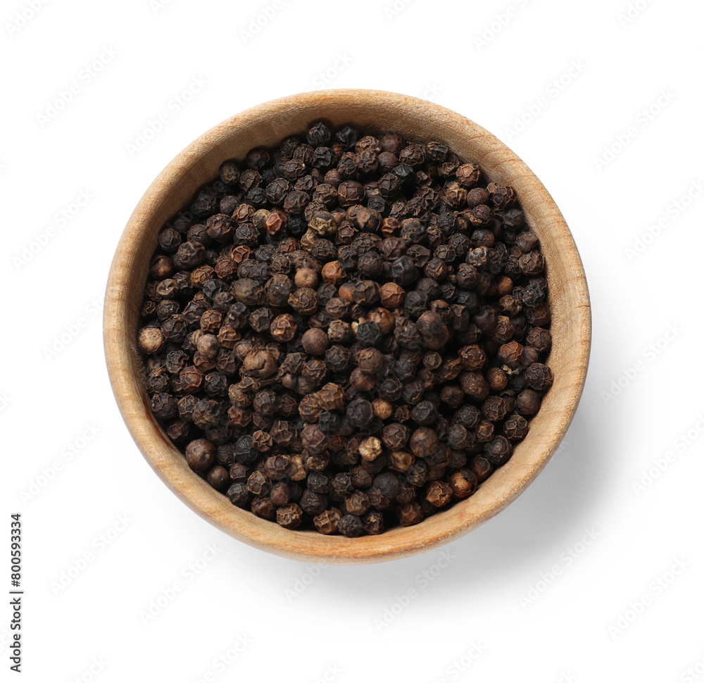 Aromatic spice. Many black peppercorns in bowl isolated on white, top view Aromatic spice. Many black peppercorns in bowl isolated on white, top view