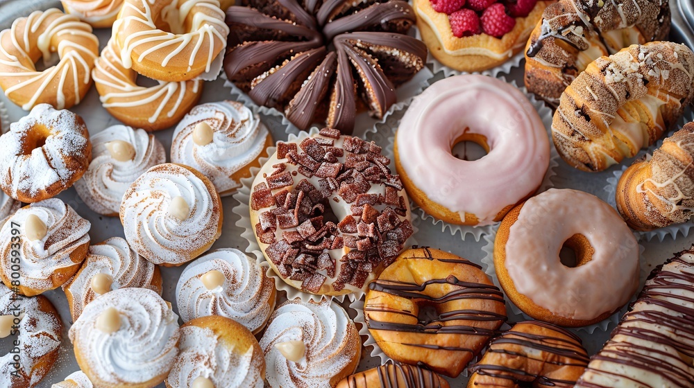 A tray filled with various treats, perfect for cafes, restaurants, and bakeries. The background showcases a decorated assortment of pastries, donuts, and cookies. Generative AI. A tray filled with various treats, perfect for cafes, restaurants, and bakeries. The background showcases a decorated assortment of pastries, donuts, and cookies. Generative AI.
