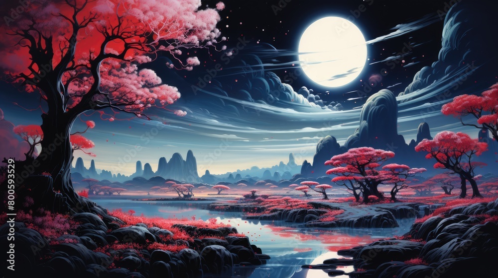 Fototapeta premium An image surreal and dreamlike landscape filled with psychedelic elements. with a fantastical world with floating islands, swirling clouds, and vibrant flora