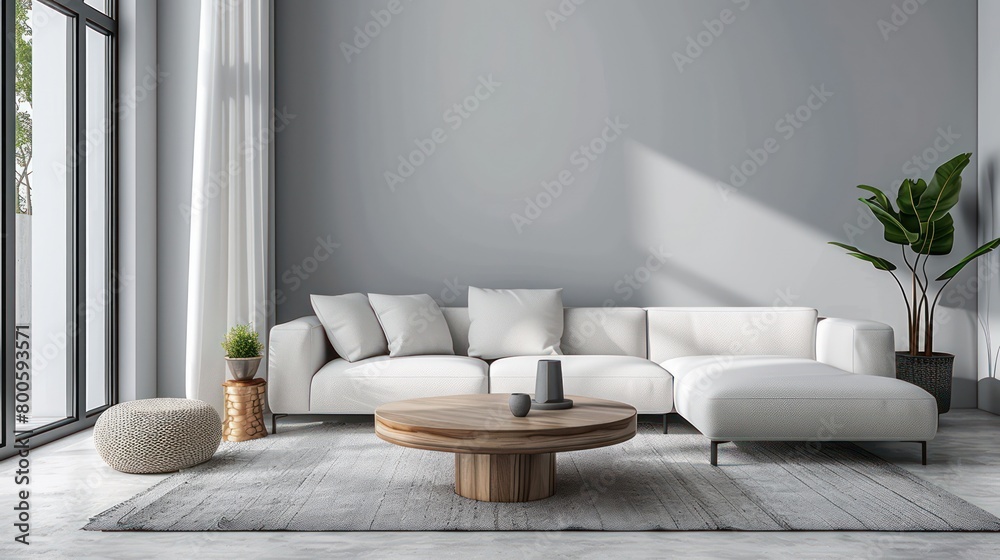 Spacious minimalist white living room with large windows and a hint of greenery for a fresh, clean look