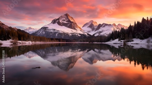 Panoramic view of the snow-capped mountains and a lake at sunset