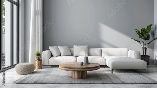 Spacious minimalist white living room with large windows and a hint of greenery for a fresh  clean look