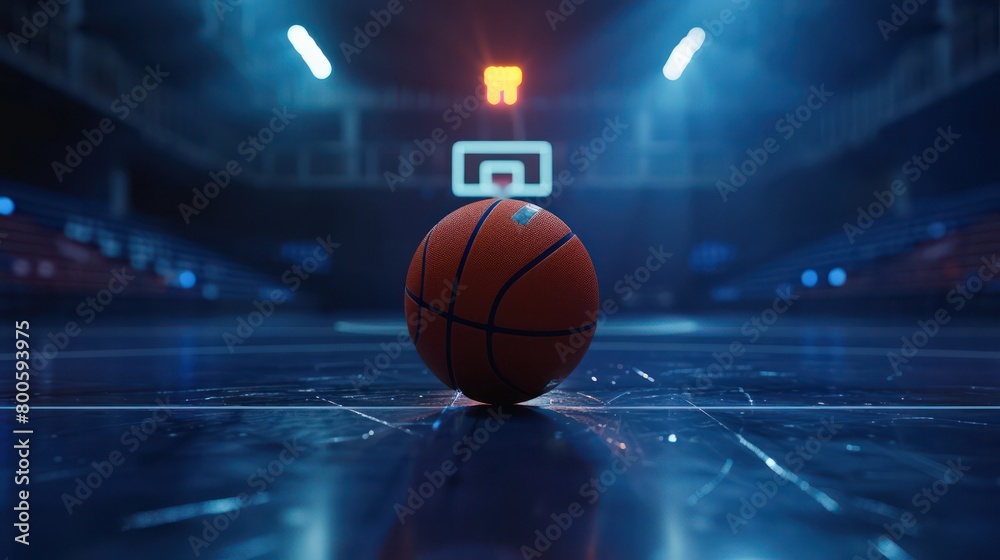 A well-lit basketball lies on the court with the hoop waiting in the background, imbued with a sense of anticipation for the game