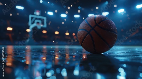 Dynamic image of a basketball bathed in spotlights, reflection on a polished court floor
