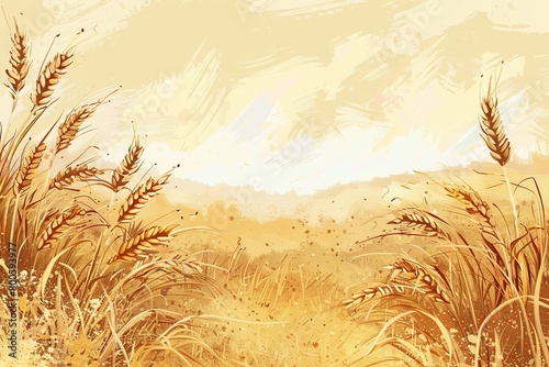 Wheat Field, Ideal for companies producing bakery products and grains. The background can be adorned with wheat ears and grains. Generative AI. photo