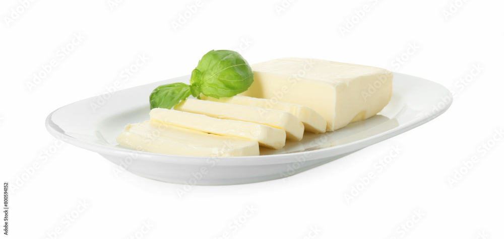 Dish with tasty cut butter isolated on white