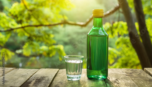 Soju, green glass bottle and shot on wooden table. Korean beverage. Alcoholic drink.