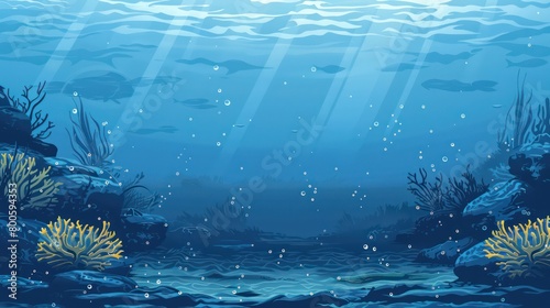Serene underwater scene depicting life beneath the ocean surface, with rays of sunlight filtering through