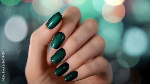 Mão de uma mulher com as unhas pintadas de verde escuro