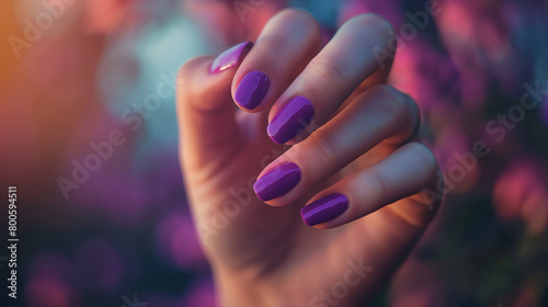 Mão de uma mulher com as unhas pintadas de roxo