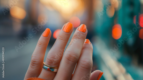 Mão de uma mulher com as unhas pintadas de laranja